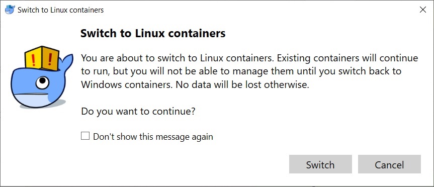 Switch to linux containers confirmation